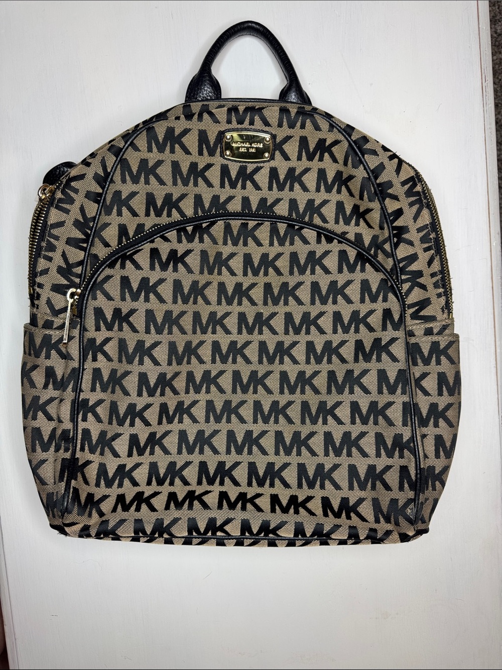 Michael Kors Black and Brown MK Monogram Backpack